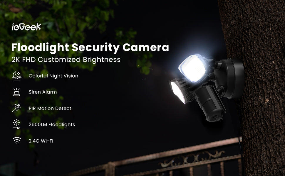 ieGeek Floodlight Camera Outdoor, 2K Wired Home Smart Security Cameras, 2.4G WiFi Flood Light Camera with Motion Sensor