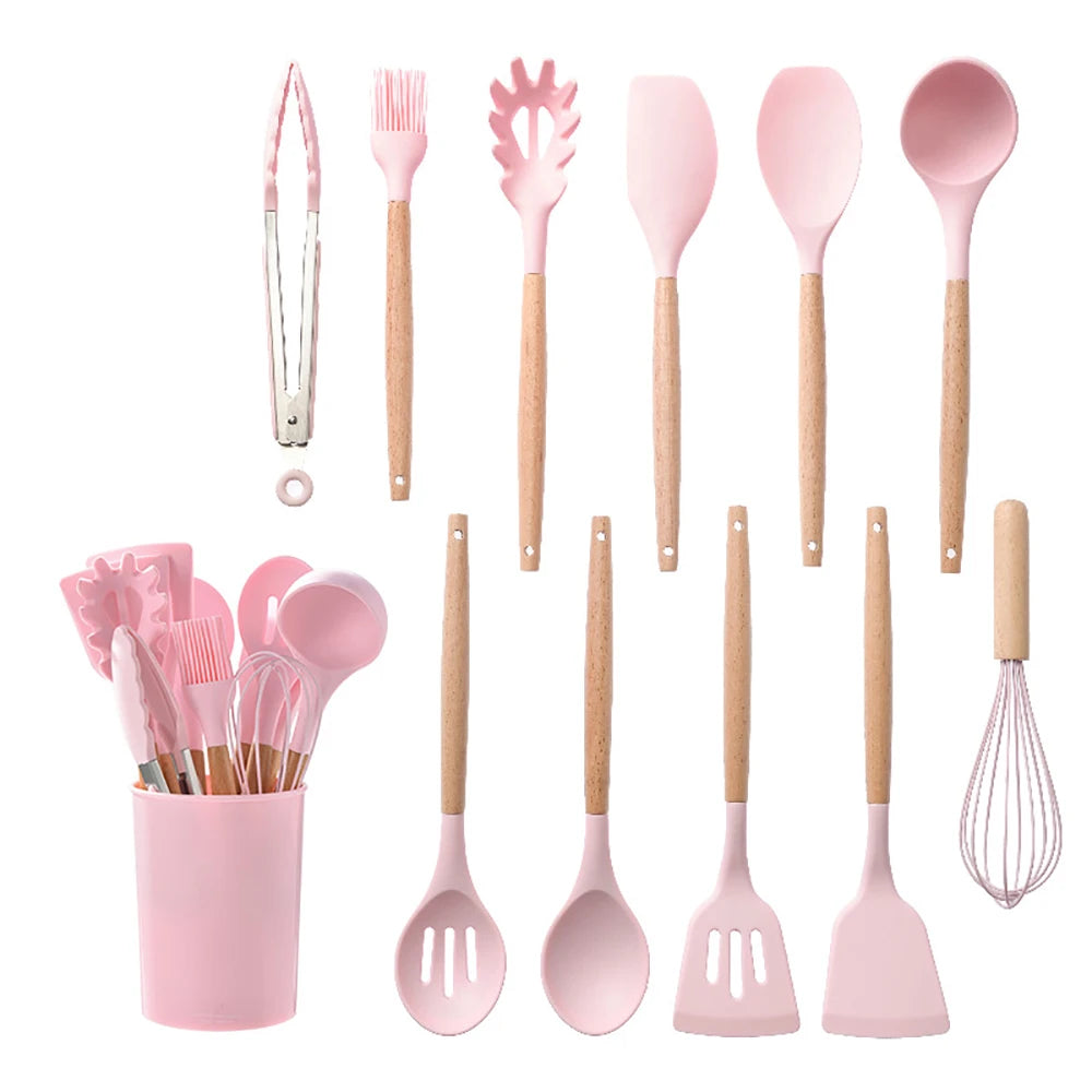 Silicone Kitchen Utensil Set With Wooden Handle Spatulas