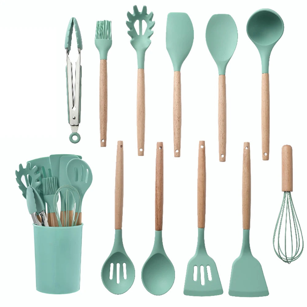 Silicone Kitchen Utensil Set With Wooden Handle Spatulas