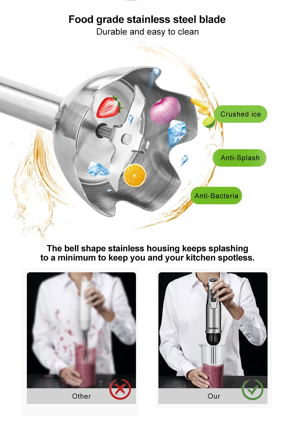 Biolo Mix 4 in 1 High Power 1200W Immersion Hand Stick Blender Includes Chopper and Smoothie Cup Stainless Steel Blades