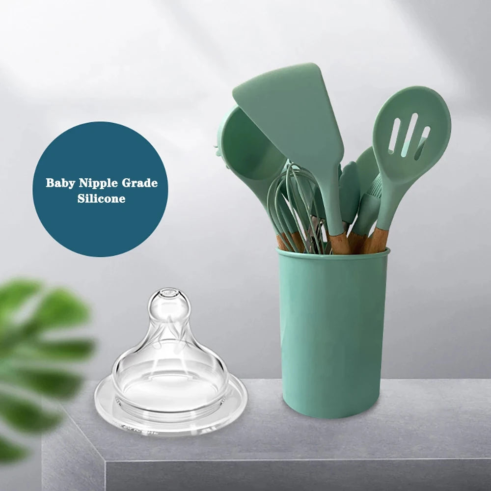 Silicone Kitchen Utensil Set With Wooden Handle Spatulas