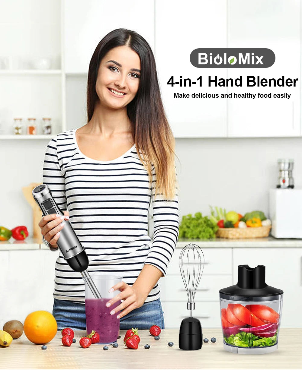 Biolo Mix 4 in 1 High Power 1200W Immersion Hand Stick Blender Includes Chopper and Smoothie Cup Stainless Steel Blades
