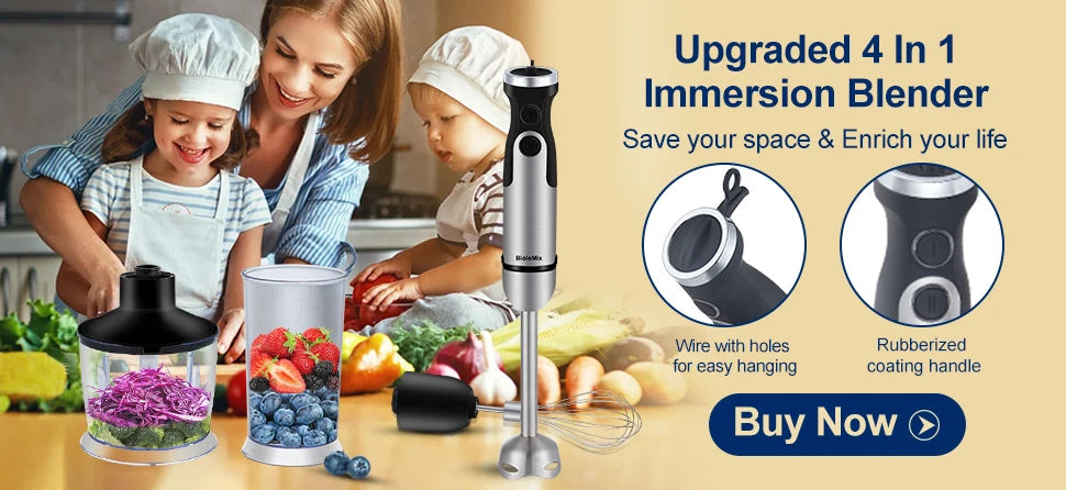Biolo Mix 4 in 1 High Power 1200W Immersion Hand Stick Blender Includes Chopper and Smoothie Cup Stainless Steel Blades