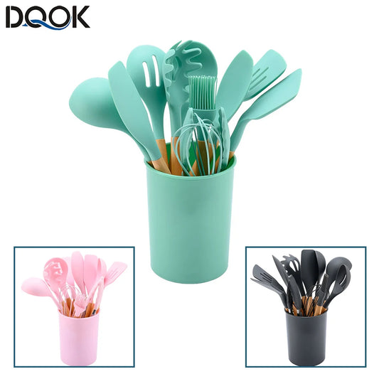 Silicone Kitchen Utensil Set With Wooden Handle Spatulas