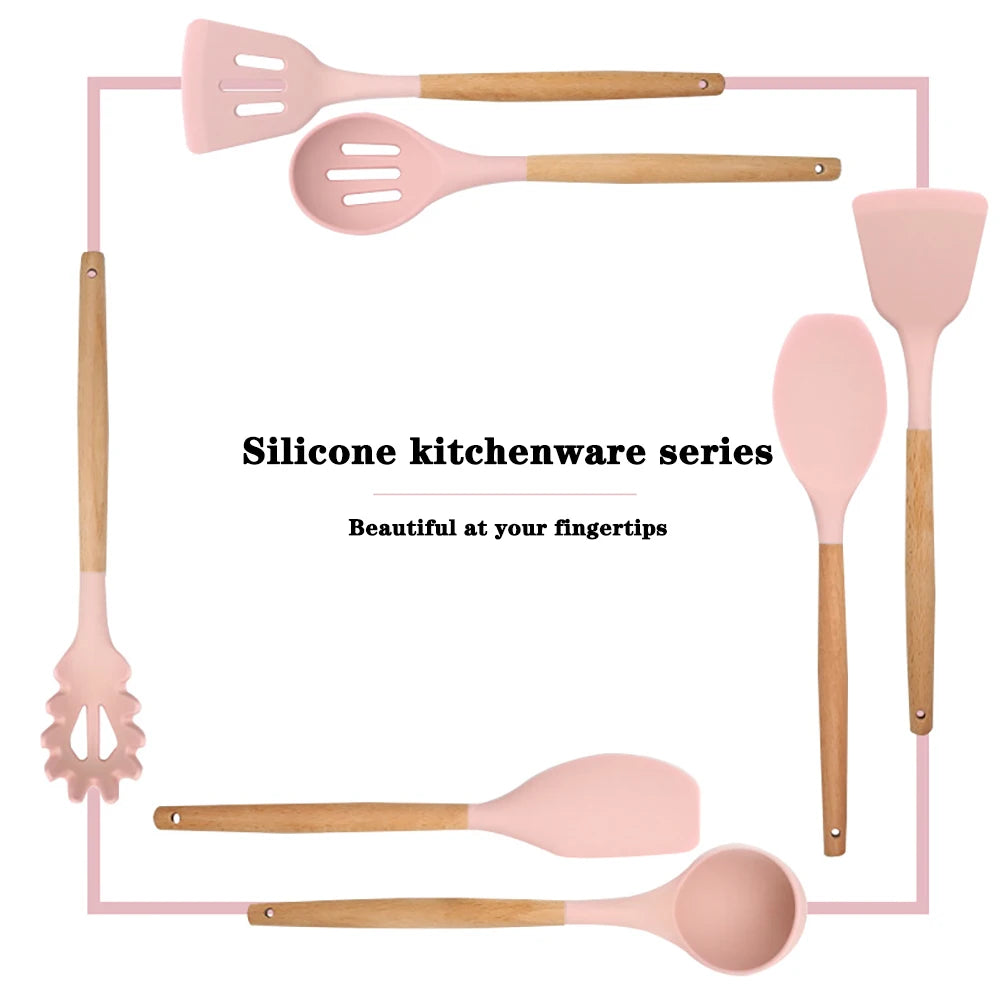 Silicone Kitchen Utensil Set With Wooden Handle Spatulas