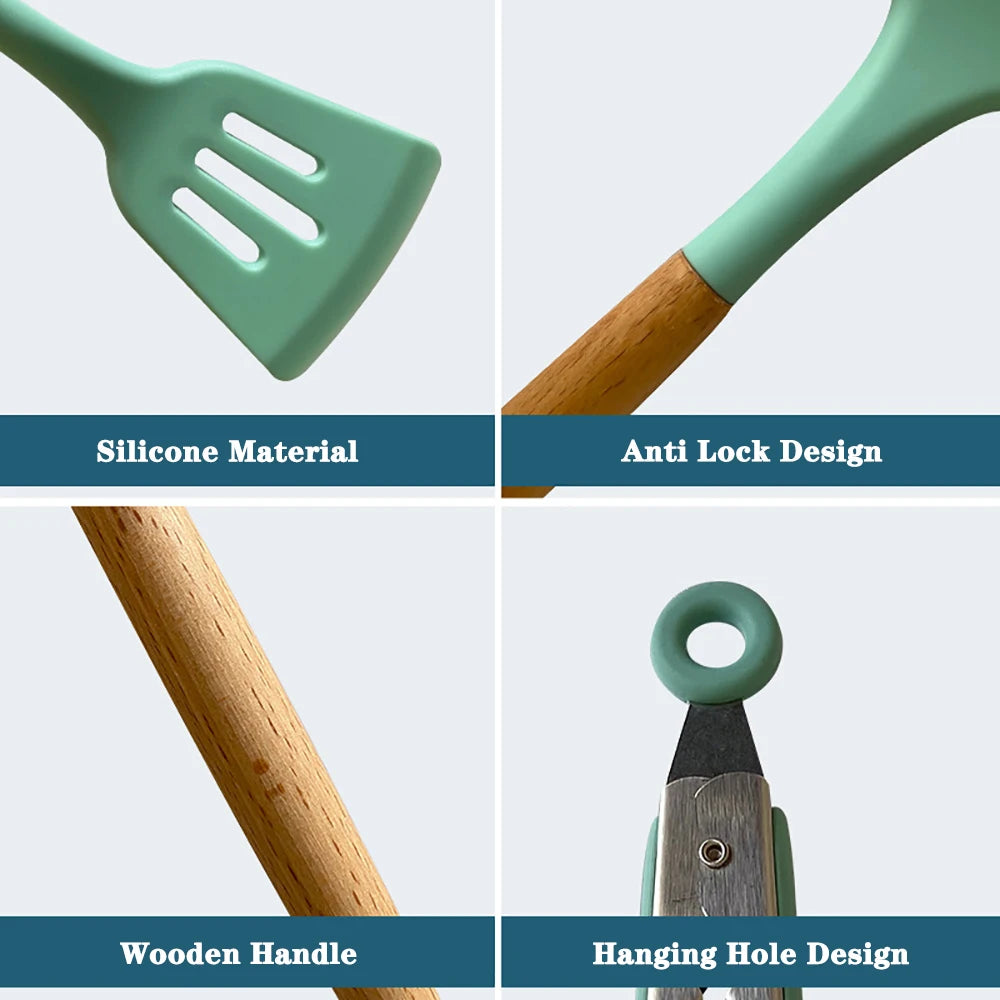 Silicone Kitchen Utensil Set With Wooden Handle Spatulas