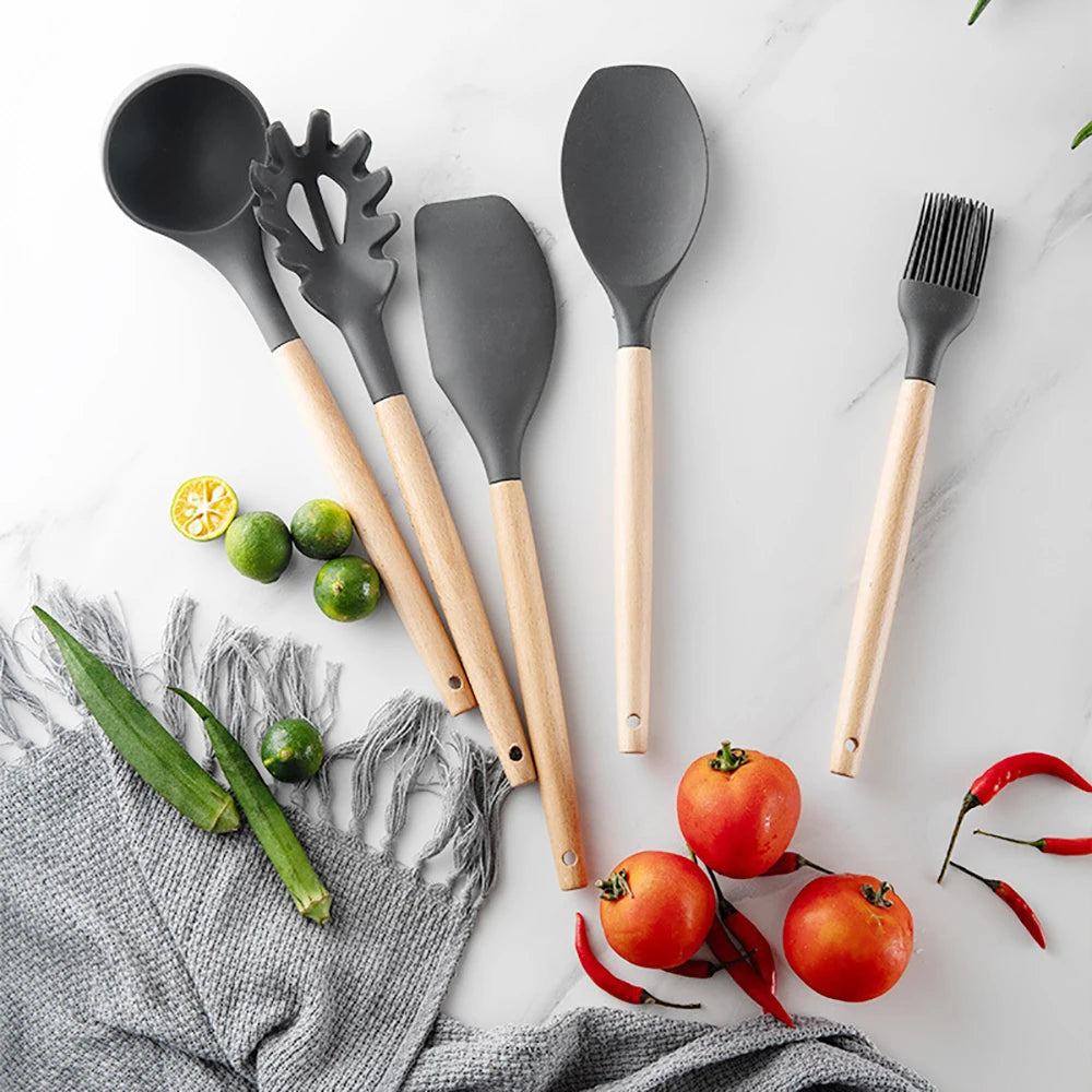 Silicone Kitchen Utensil Set With Wooden Handle Spatulas
