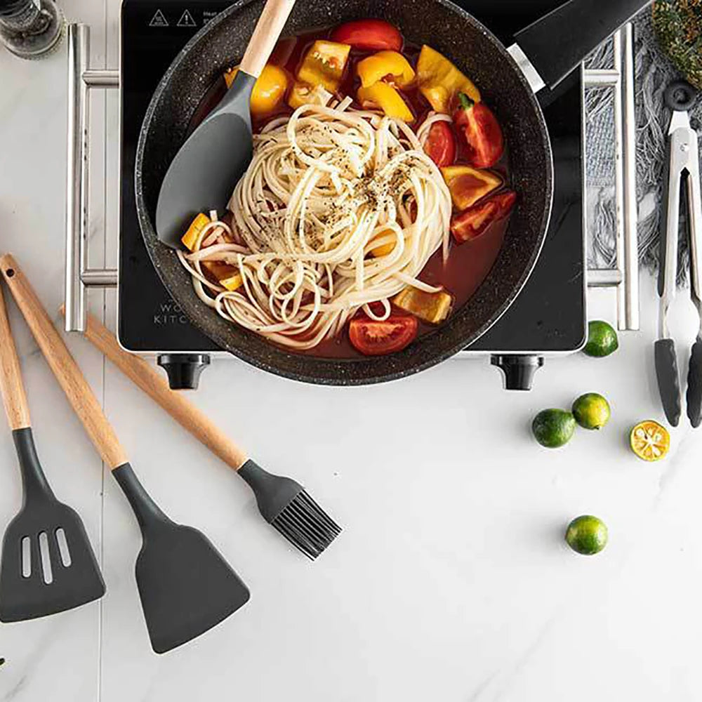 Silicone Kitchen Utensil Set With Wooden Handle Spatulas