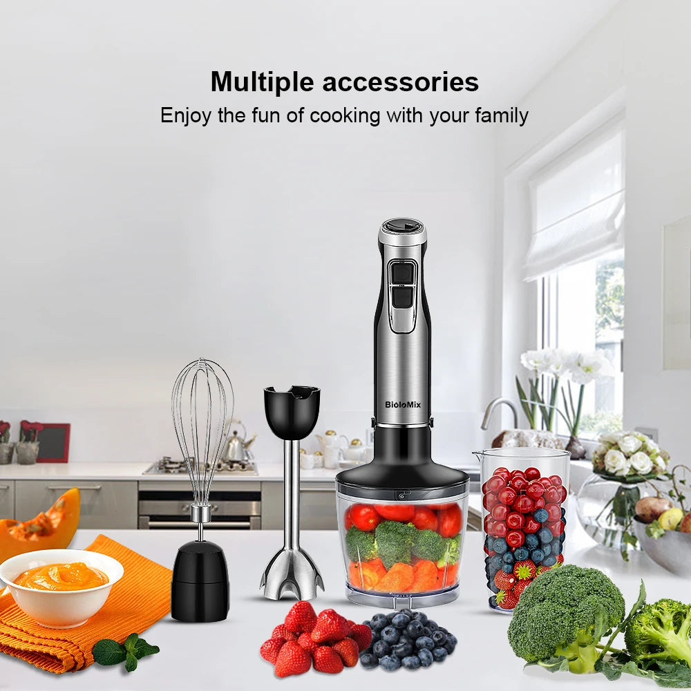 Biolo Mix 4 in 1 High Power 1200W Immersion Hand Stick Blender Includes Chopper and Smoothie Cup Stainless Steel Blades