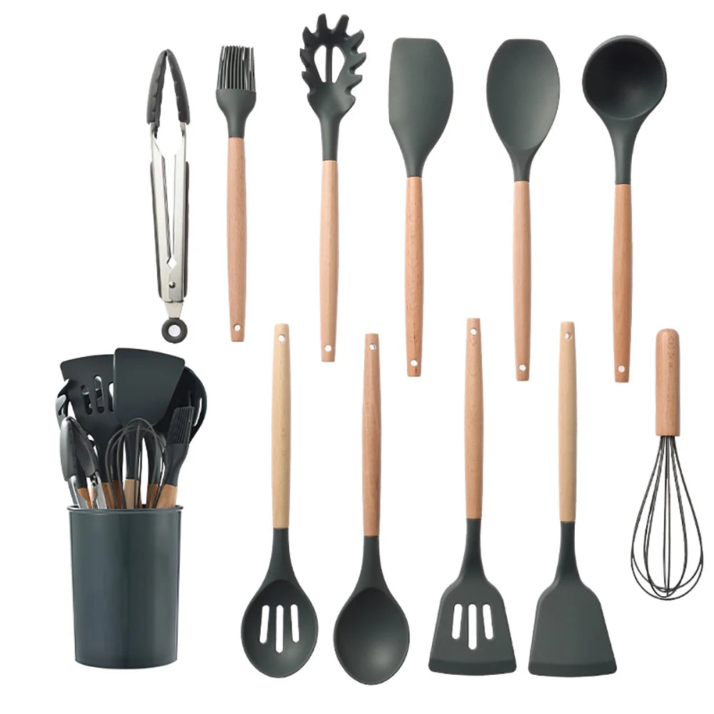 Silicone Kitchen Utensil Set With Wooden Handle Spatulas
