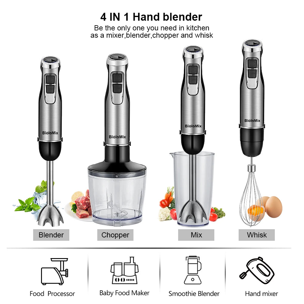 Biolo Mix 4 in 1 High Power 1200W Immersion Hand Stick Blender Includes Chopper and Smoothie Cup Stainless Steel Blades