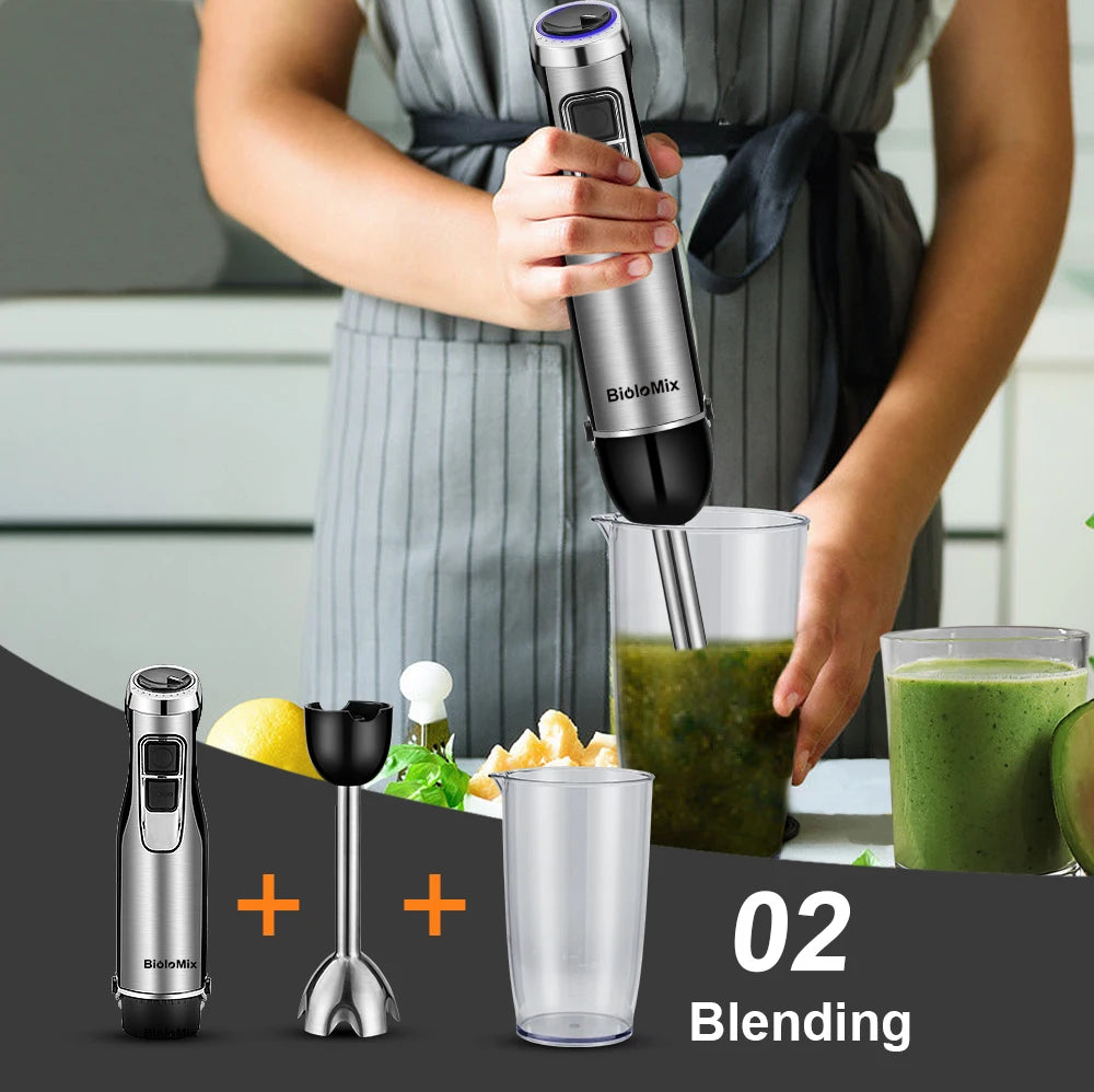 Biolo Mix 4 in 1 High Power 1200W Immersion Hand Stick Blender Includes Chopper and Smoothie Cup Stainless Steel Blades