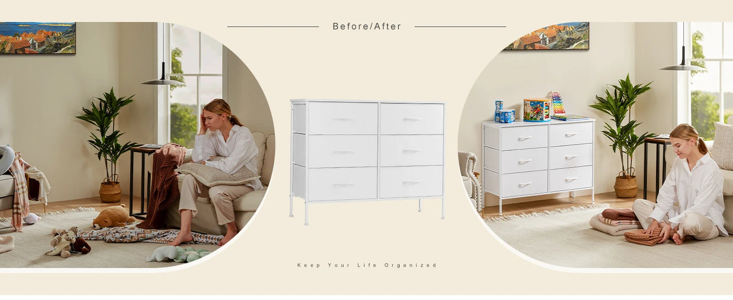 JHK 6 Fabric Drawers Nightstand For Bedroom Bedside Sofa Table With Storage Closet Chest