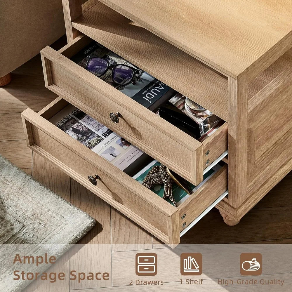 Farmhouse Nightstand with Charging Station, 24 Wide End Table with 2 Drawers, Natural dresser