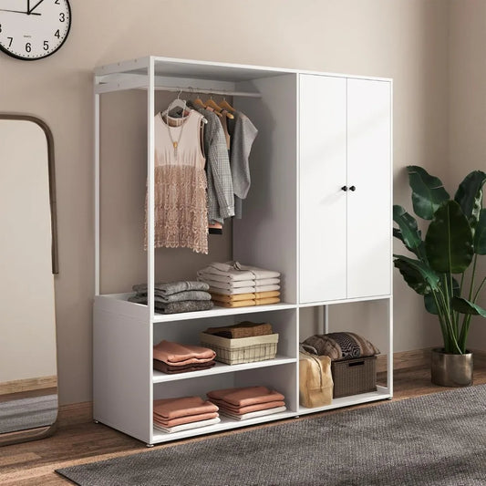 Angduo White Wardrobe Closet With Shelves And Hanging Rod