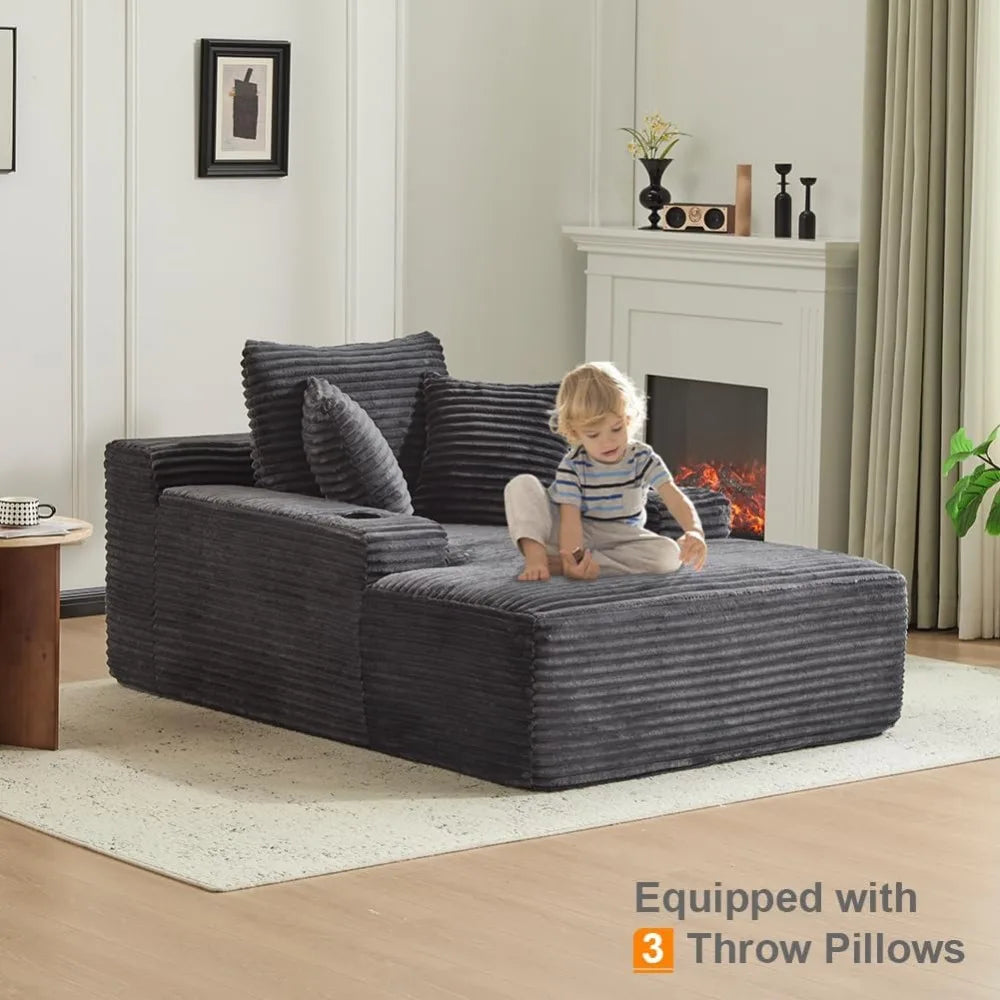66" Oversized Chaise Lounge Sofa Chair Indoor, Modern Corduroy Single Sleeper Couch Chair with 3 Soft Pillows