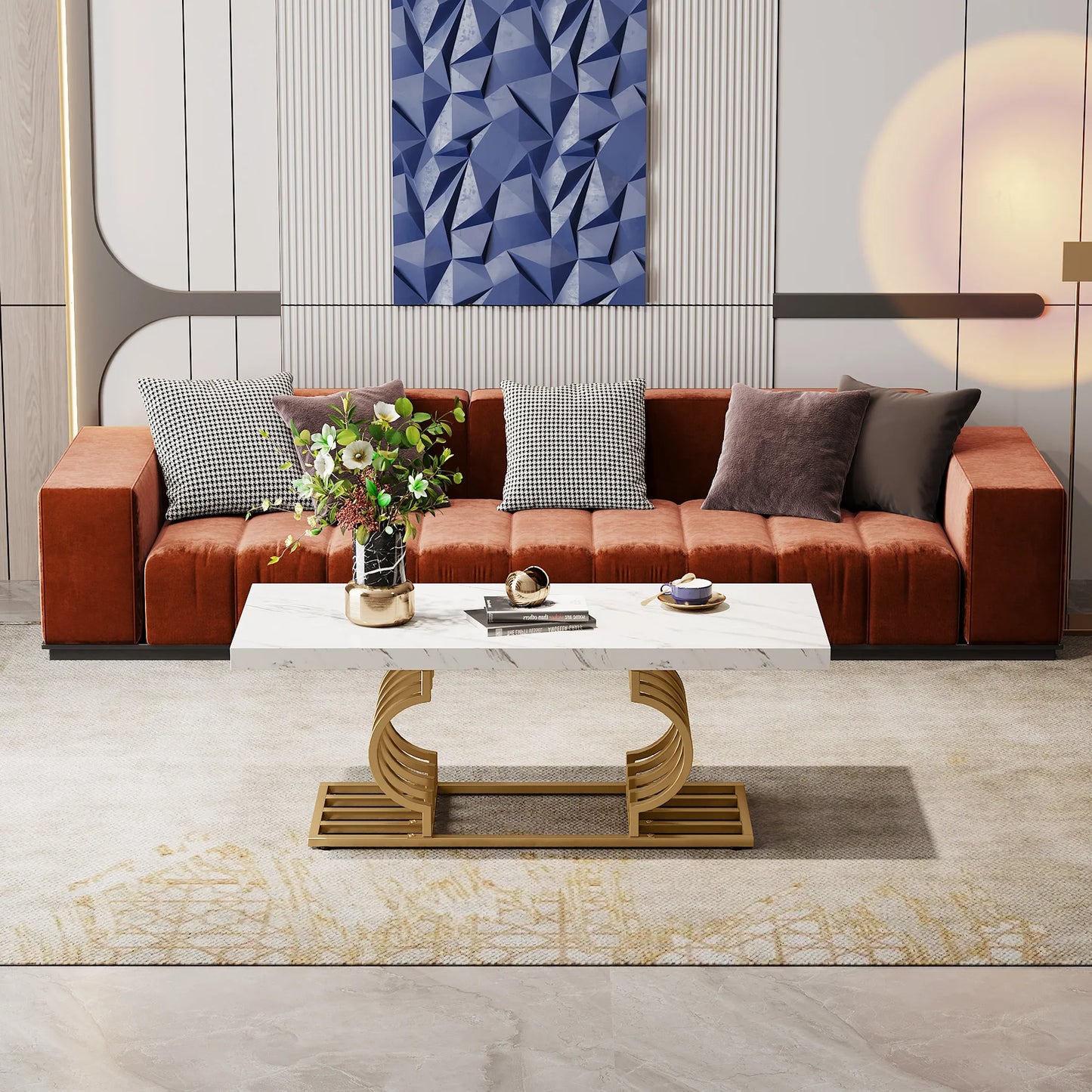 Tribesigns Rectangle Coffee Table 2 Tier Faux Marble Wood