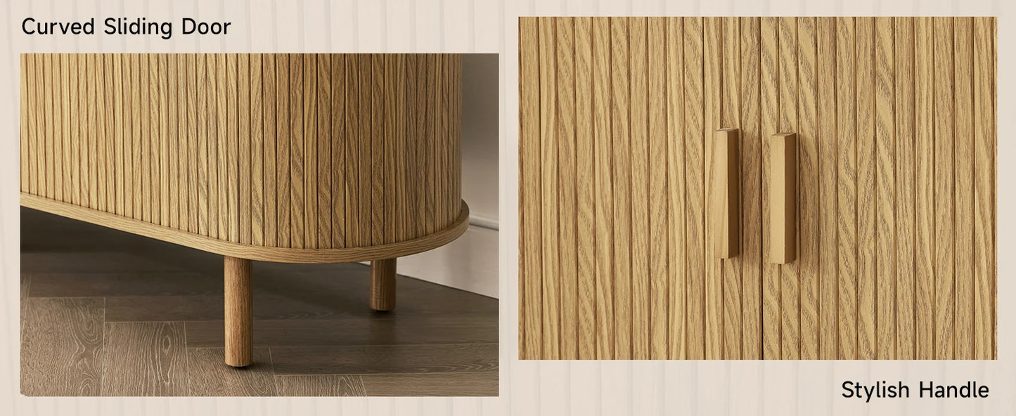 Walnut TV Stand With Power Outlet And Sliding Doors