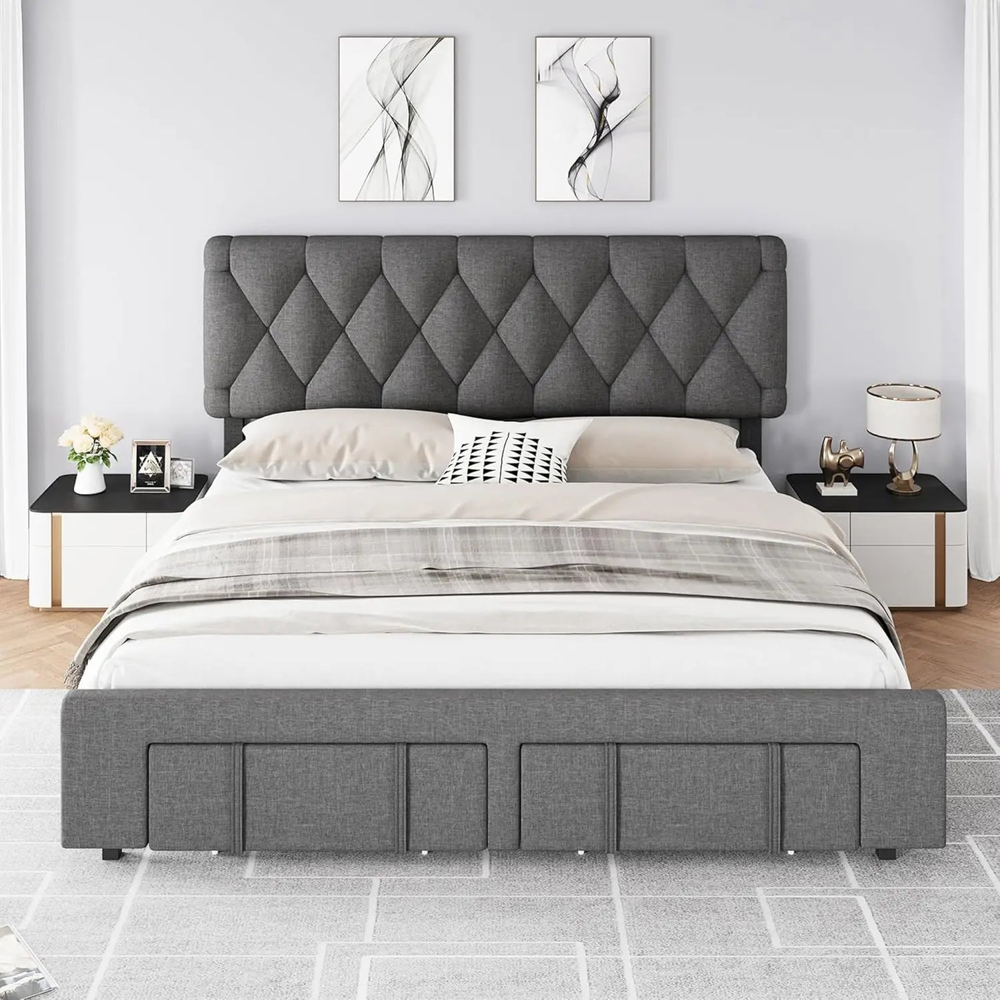 Bed Frame Storage Drawers, Mattress Foundation with Solid Wooden Slats Support, No Box Spring Needed