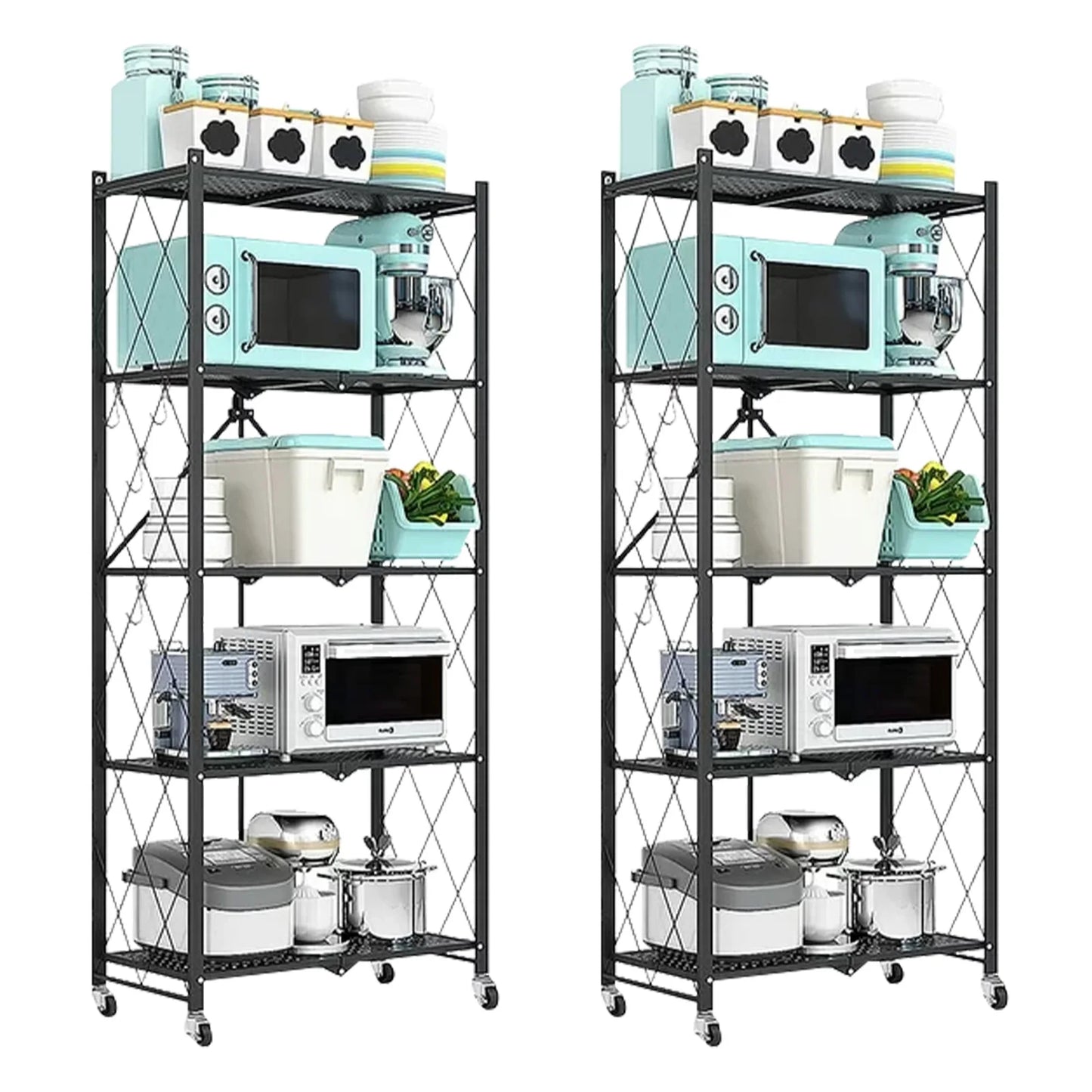 Storage Shelving 5-Tier With Wheel Unit Metal Shelf Adjustable Heavy Duty Foldable Organizer Rack