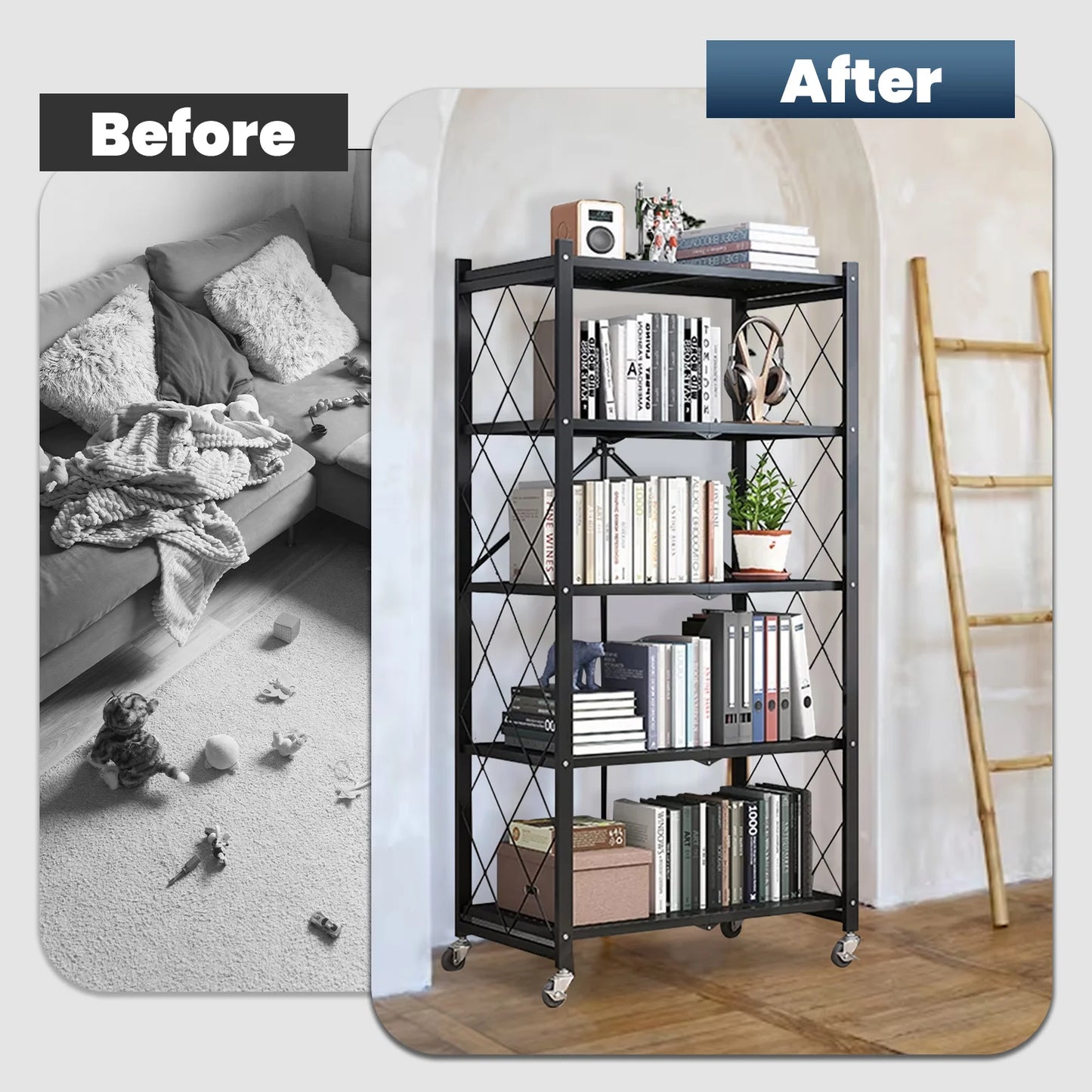 Storage Shelving 5-Tier With Wheel Unit Metal Shelf Adjustable Heavy Duty Foldable Organizer Rack