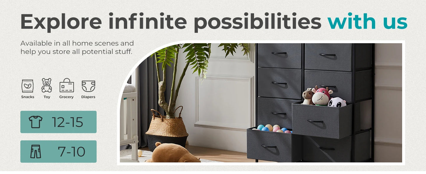JHK Bedside Table For Bedroom With 10 Fabric Drawers Nightstand Storage Cabinet With Steel Frame
