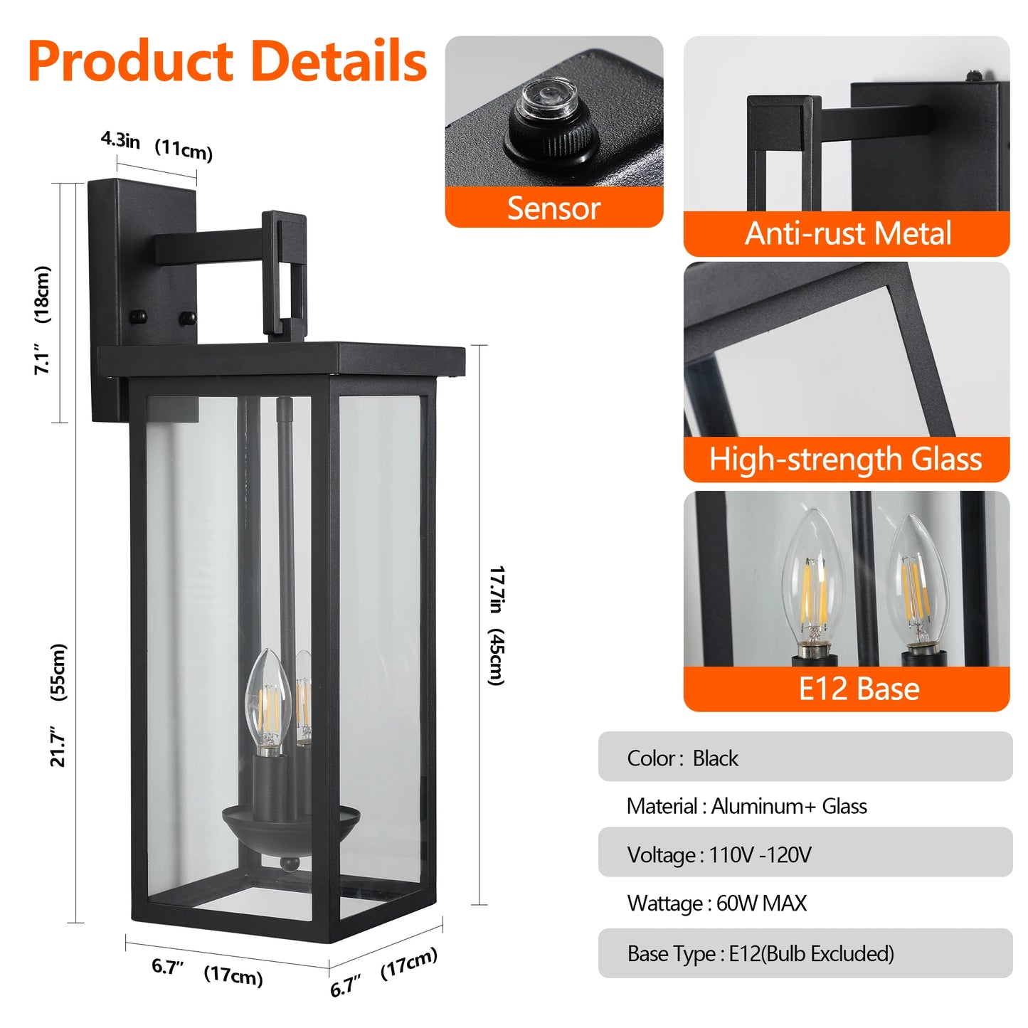 22"(H) Outdoor Wall Lantern with Dusk to Dawn Sensor Matte Black Finish Clear Glass Panels
