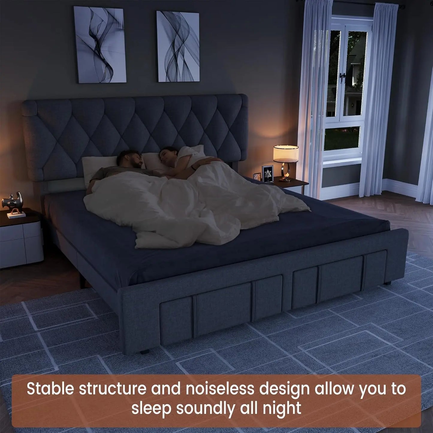 Bed Frame Storage Drawers, Mattress Foundation with Solid Wooden Slats Support, No Box Spring Needed