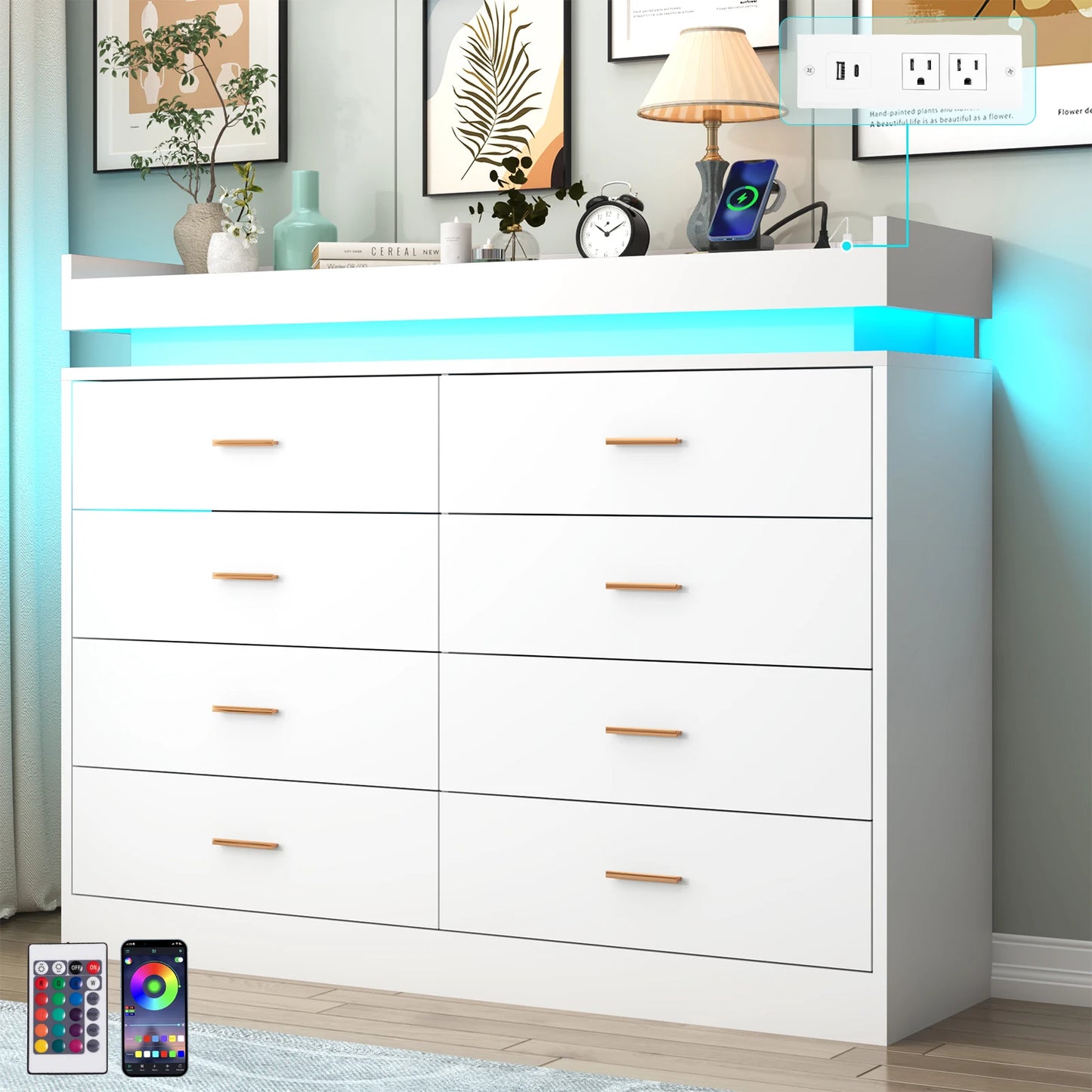 8 Drawer Dresser With LED Light Modern Chest Of Drawers Bedroom