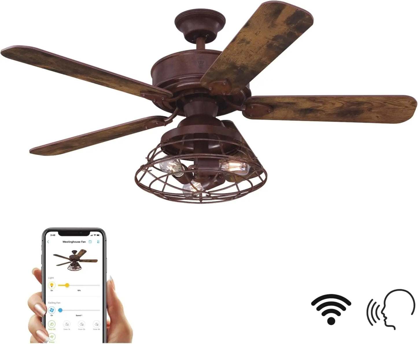 "Barnett 48-Inch Barnwood LED Ceiling Fan Light Kit with Dimmable Cage Shade and Remote Control"
