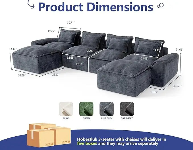 152" Cloud Modular Sectional – U-Shaped 4-Seater Couch with Ottomans, Deep Seat