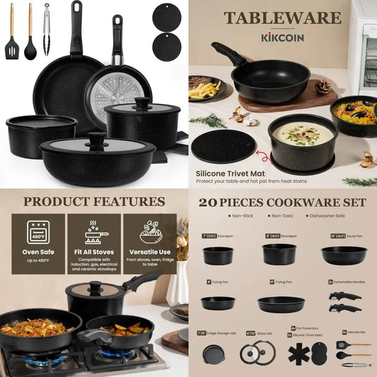 20 pcs pots and pans set non stick, detachable handle cookware sets nonstick, non toxic induction rv kitchen cooking set with r