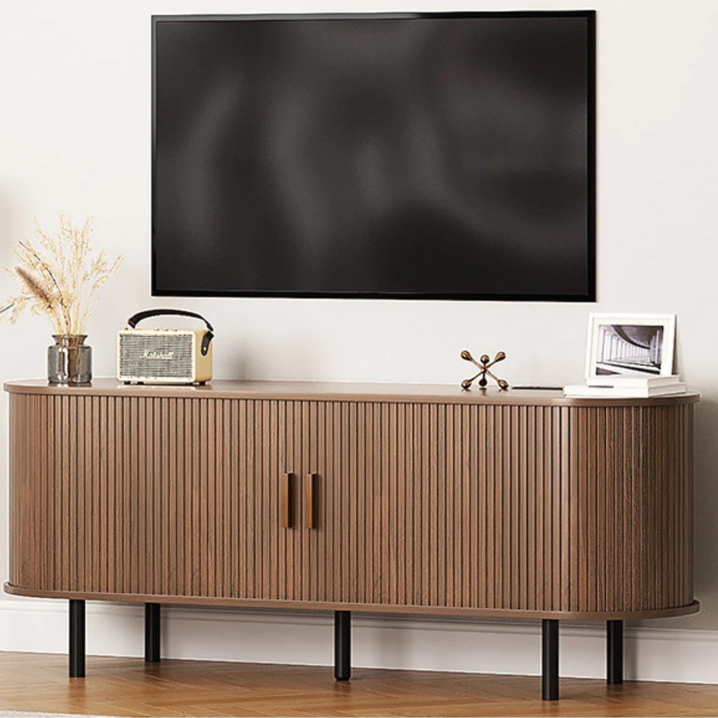Walnut TV Stand With Power Outlet And Sliding Doors