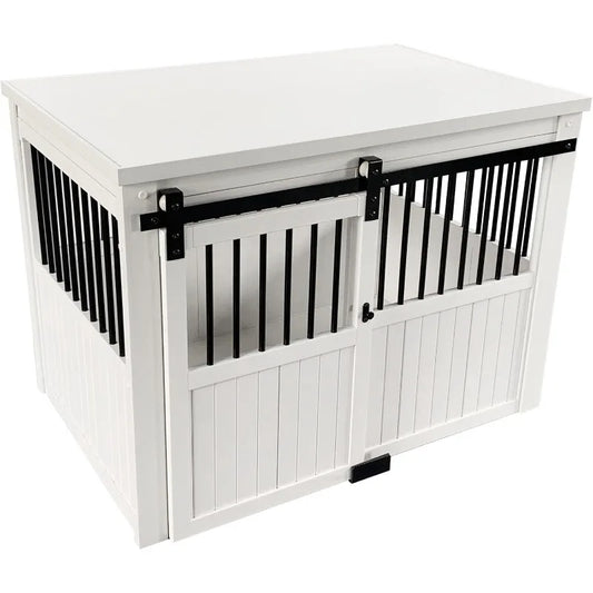 ECOFLEX® Homestead Sliding Barn Door Furniture Style Dog Crate - Antique White, Large (EHDBC15-04L) - Stylish, Dura