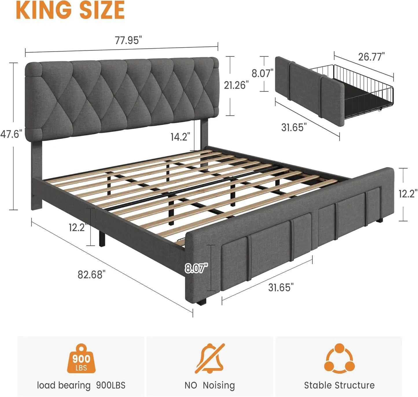 Bed Frame Storage Drawers, Mattress Foundation with Solid Wooden Slats Support, No Box Spring Needed