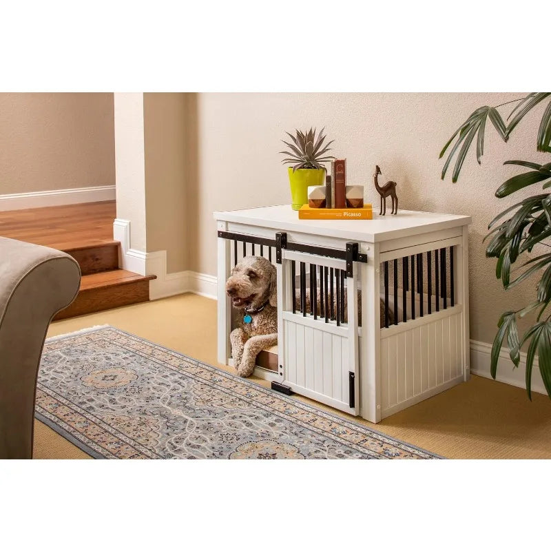ECOFLEX® Homestead Sliding Barn Door Furniture Style Dog Crate - Antique White, Large (EHDBC15-04L) - Stylish, Dura