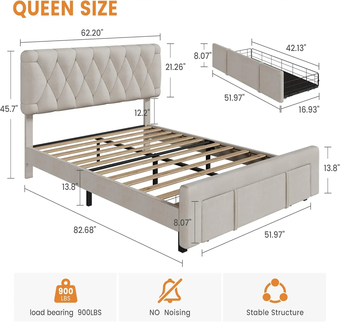 Bed Frame Storage Drawers, Mattress Foundation with Solid Wooden Slats Support, No Box Spring Needed