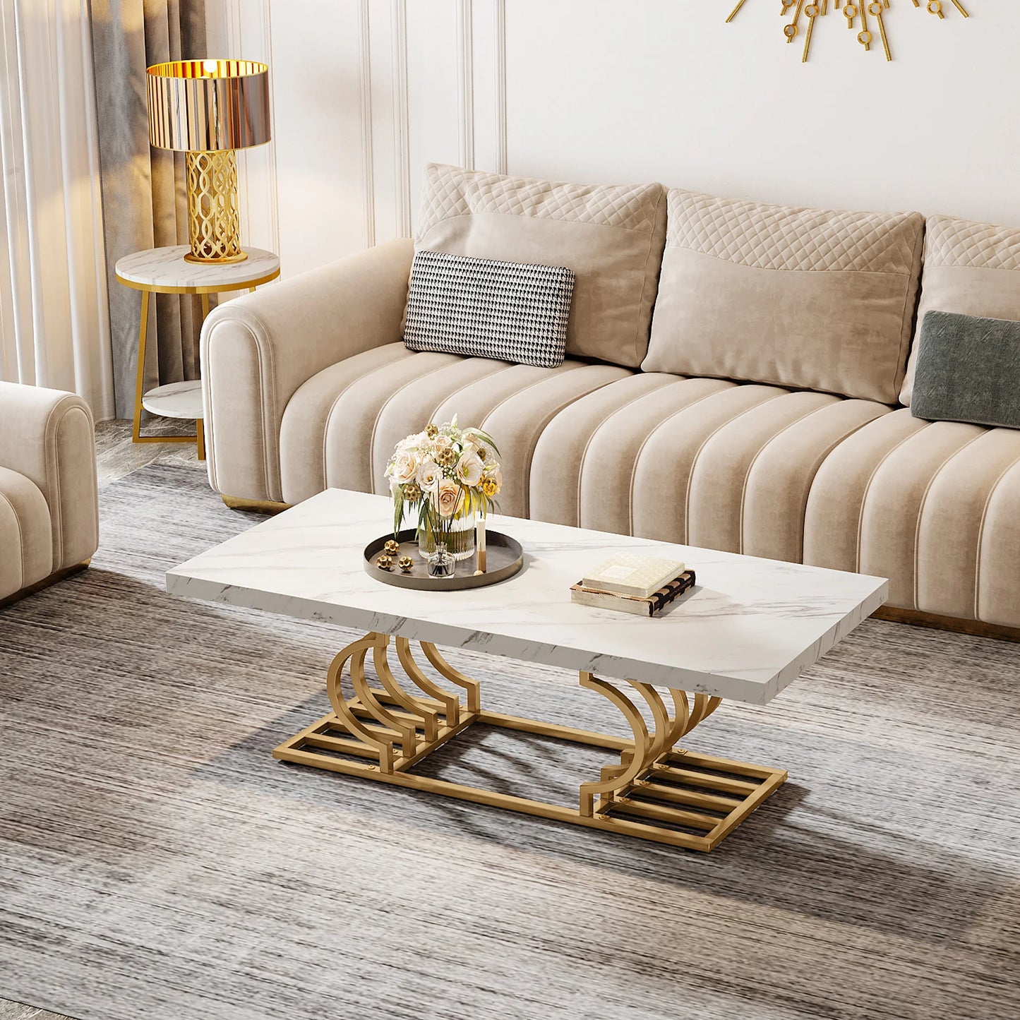 Tribesigns Rectangle Coffee Table 2 Tier Faux Marble Wood