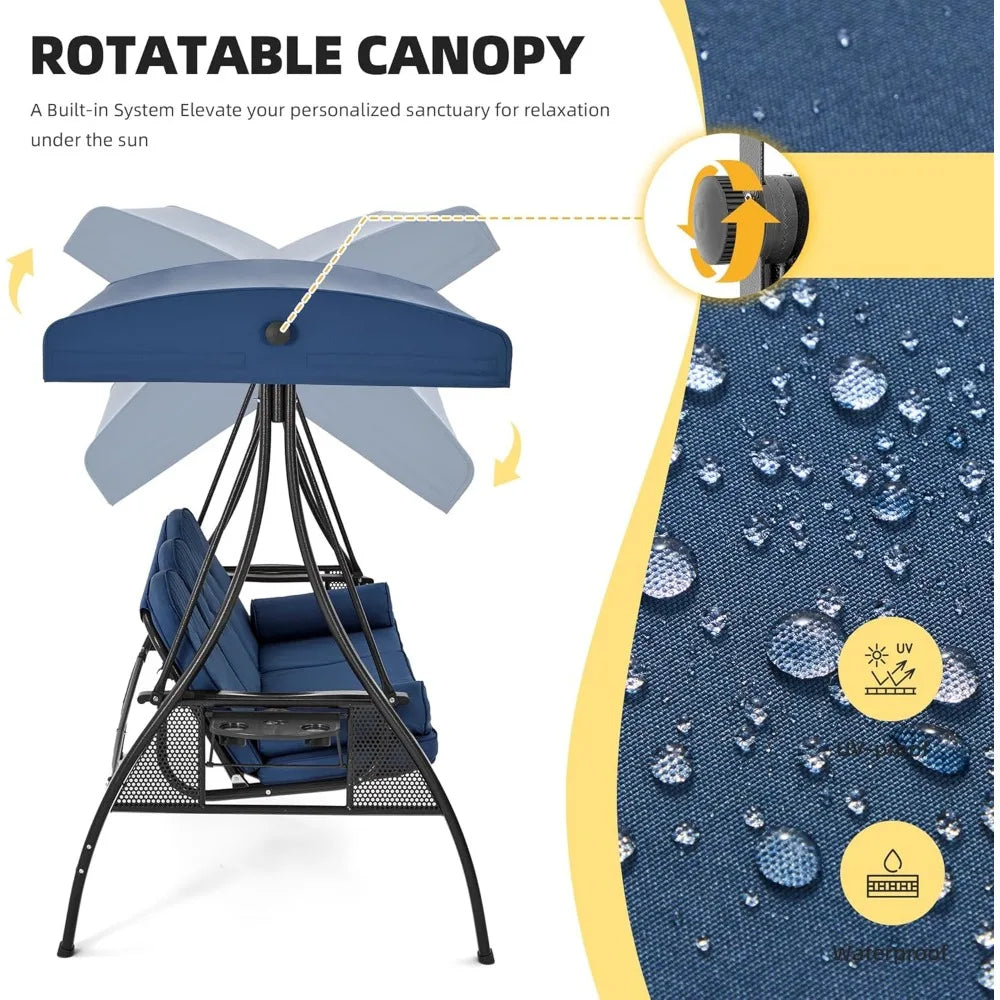 3 Person Outdoor Porch Swing With Cup Holder Canopy