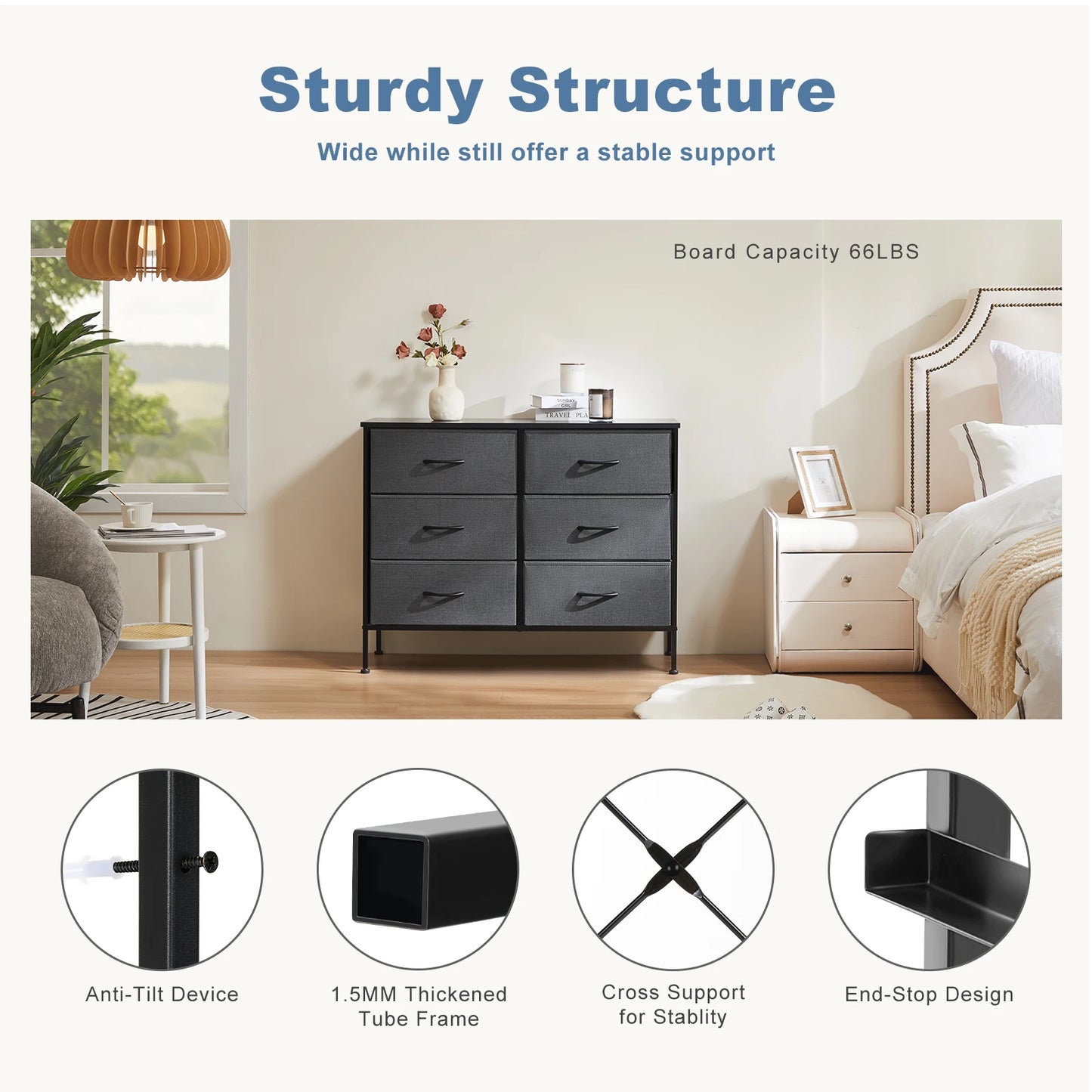 JHK 6 Fabric Drawers Nightstand For Bedroom Bedside Sofa Table With Storage