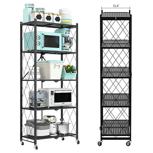Storage Shelving 5-Tier With Wheel Unit Metal Shelf Adjustable Heavy Duty Foldable Organizer Rack