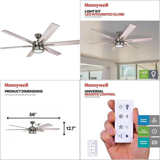 Kaliza Modern 56" Ceiling Fan with Light, Remote Control, LED, 6 Blades, Black Pine & Pewter Finish