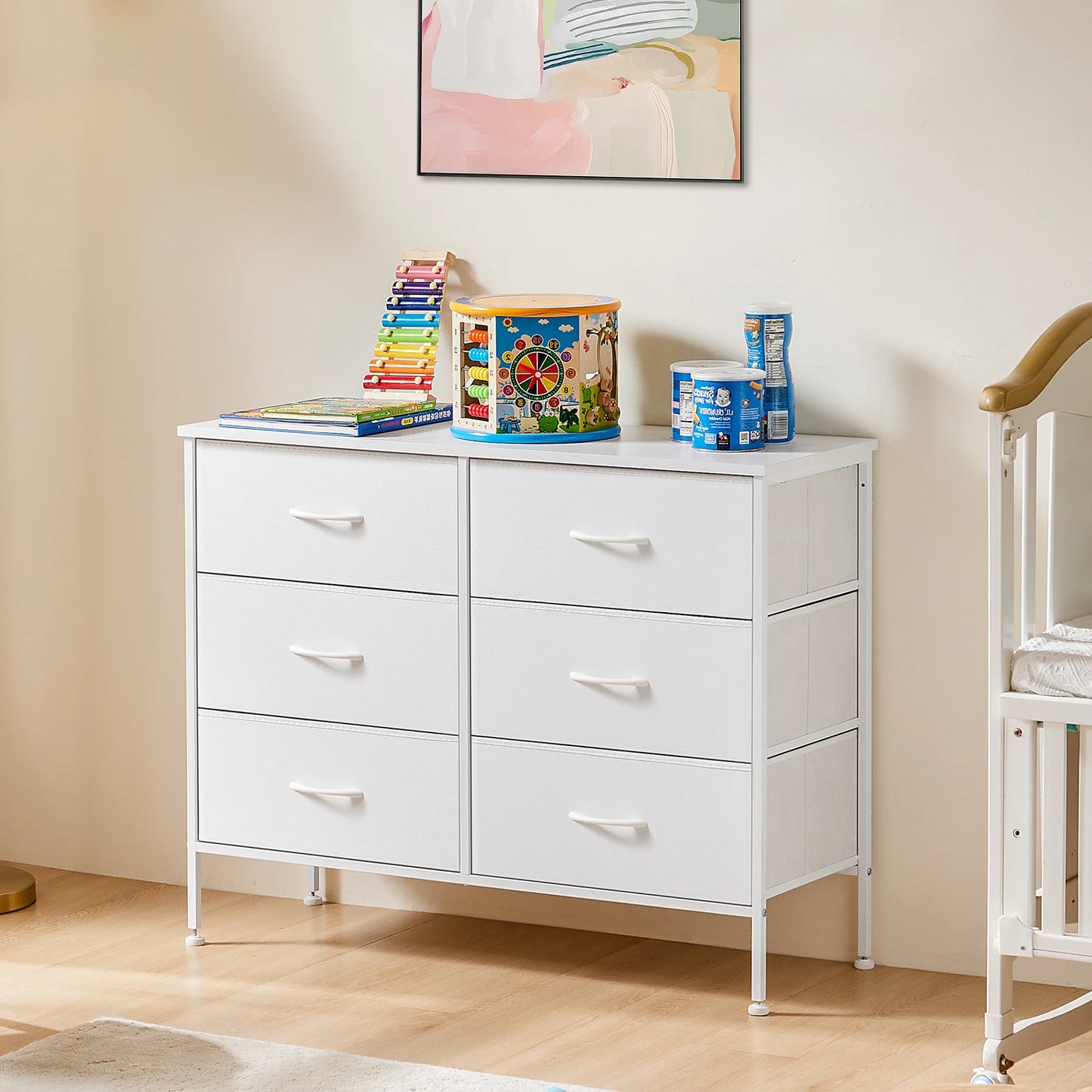JHK 6 Fabric Drawers Nightstand For Bedroom Bedside Sofa Table With Storage