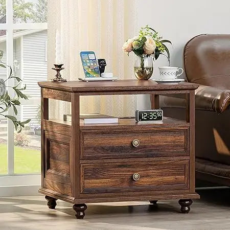 Farmhouse Nightstand with Charging Station, 24 Wide End Table with 2 Drawers, Natural dresser