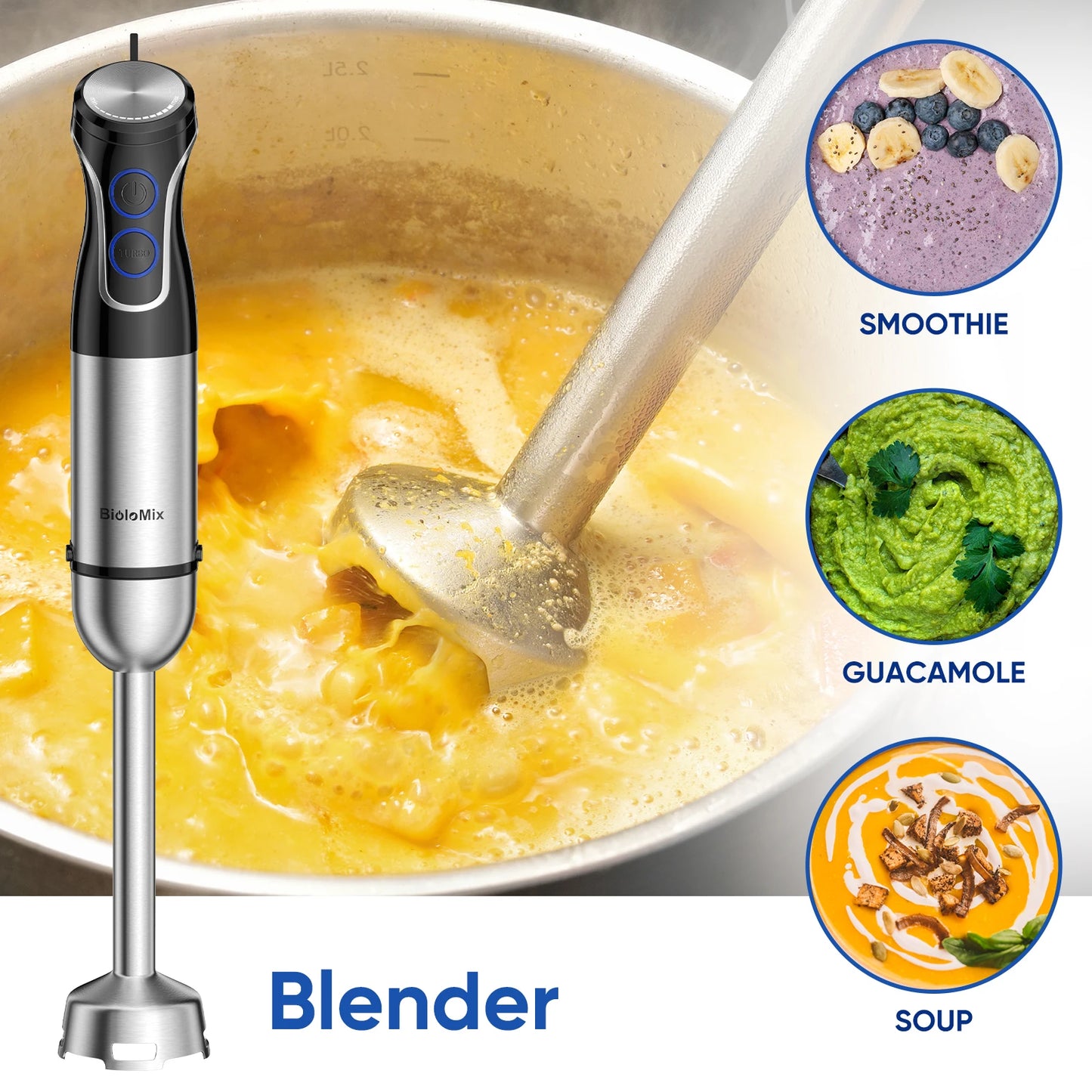 BioloMix 5 in 1 Immersion Hand Blender,1500W Blender with 304 Stainless Steel Blade, Food Processor, Smoothies