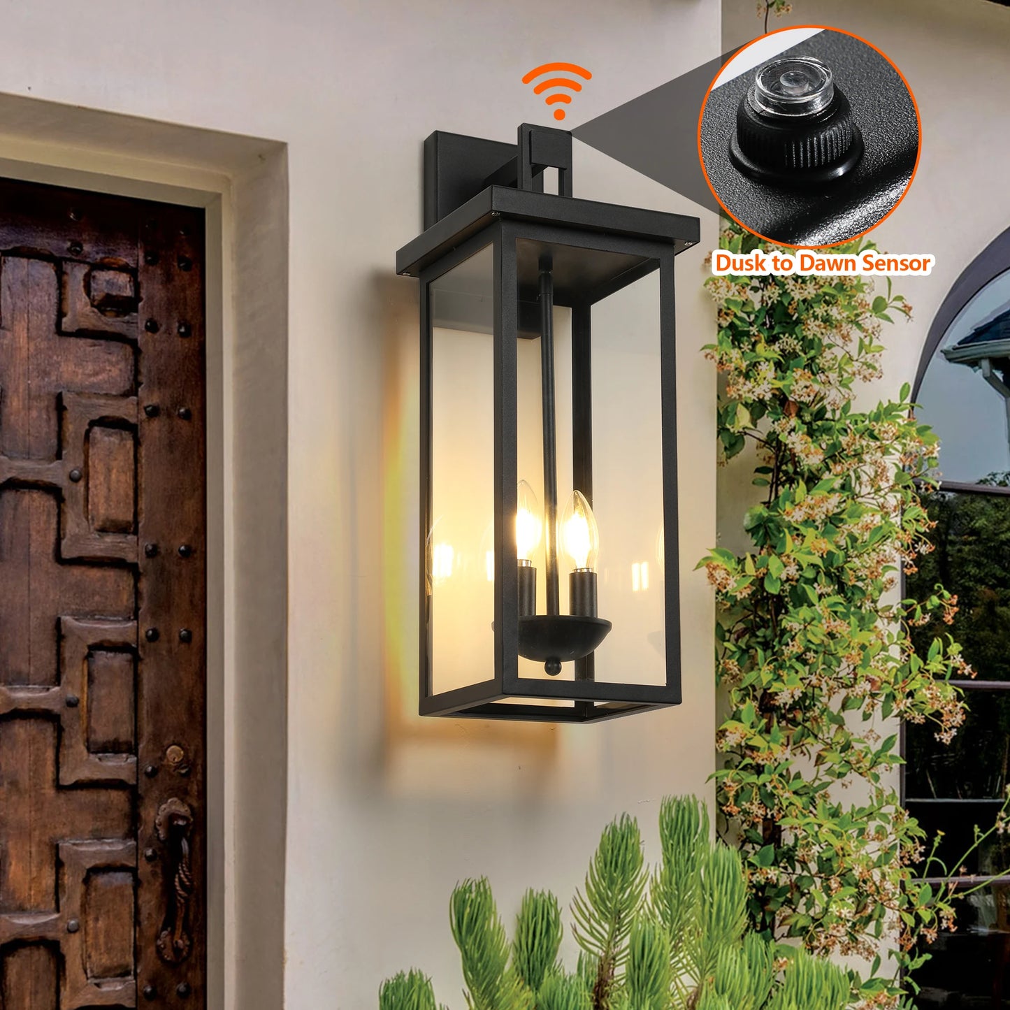 22"(H) Outdoor Wall Lantern with Dusk to Dawn Sensor Matte Black Finish Clear Glass Panels
