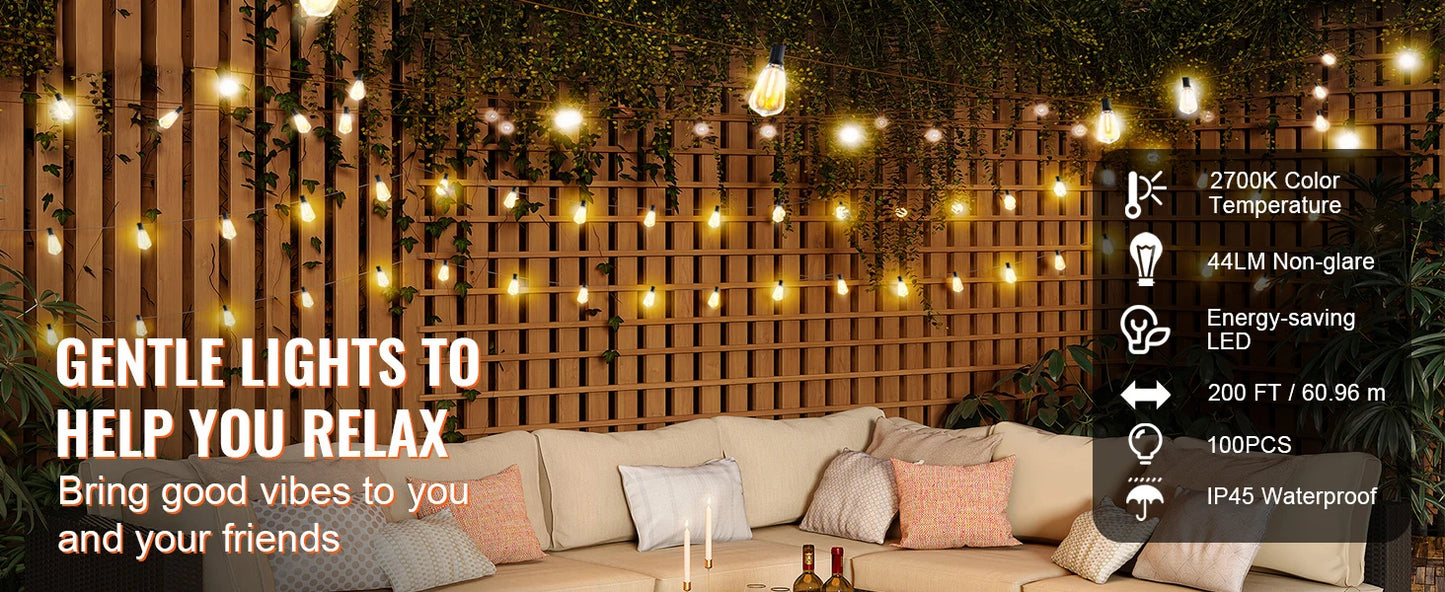 SucceBuy LED Outdoor String Lights 2700K Dimmable Outside Patio Waterproof Hanging Lights for Porch Backyard Garden Balcony