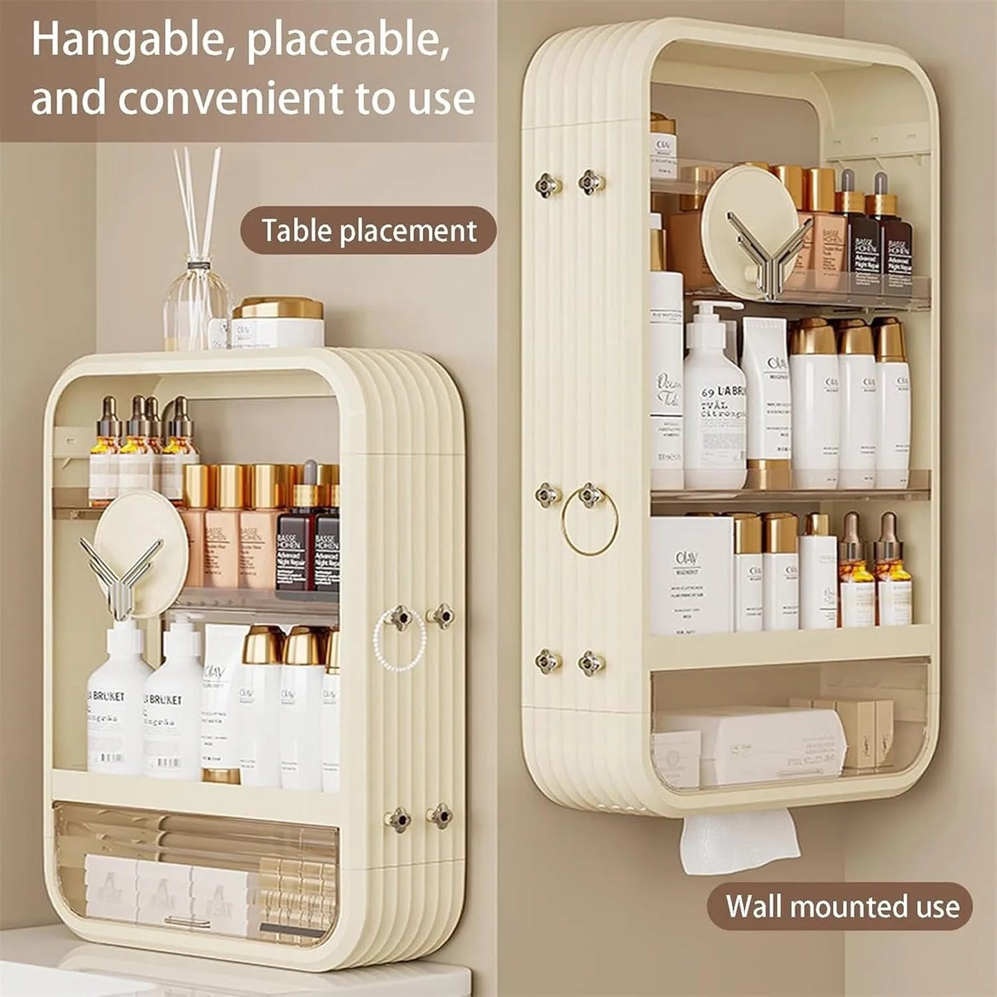Wall Mount Makeup Organizer, Adhesive Shelf Bathroom Shelves for Wall, Perfume Organizers with Tissue Hole
