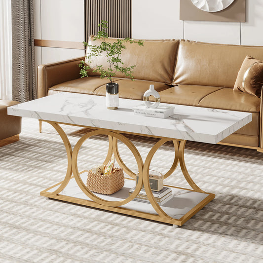 Tribesigns Rectangle Coffee Table 2 Tier Faux Marble Wood