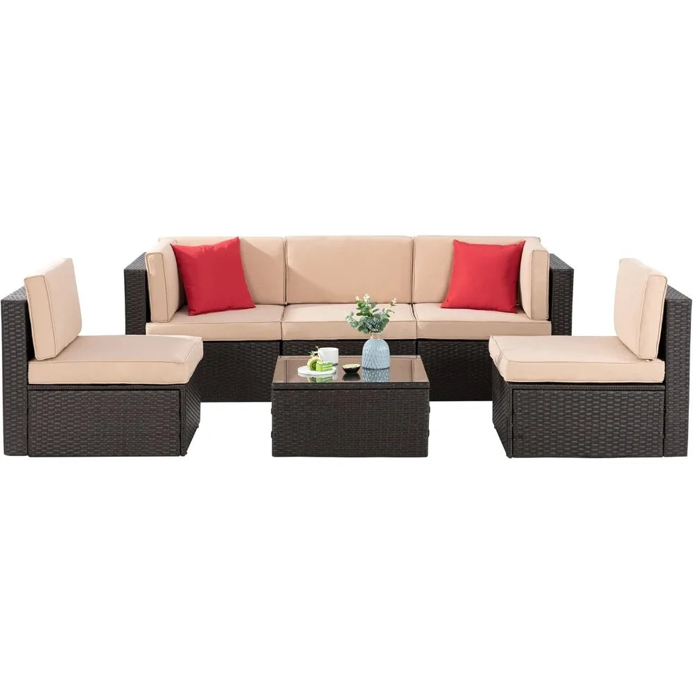 6 Pieces Patio garden furniture sets, PE Rattan Manual Wicker Patio Conversation Set w/Glass Table&Ottoman Cushion and Pillows